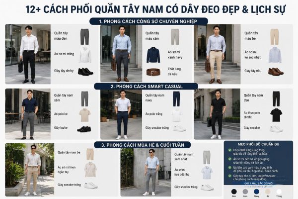  12 cách phối quần tây nam có dây đeo với áo sơ mi, áo polo và giày da theo phong cách công sở, smart casual và dạo phố.