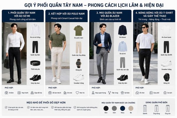 Cách phối quần tây nam Hàn Quốc với áo sơ mi, áo polo, blazer và áo thun tạo phong cách lịch lãm, smart casual và năng động.