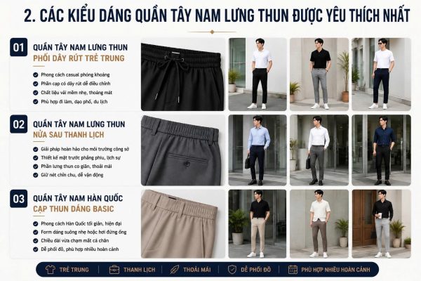 Xu Hướng Quần Tây Nam Lưng Thun Thời Thượng Và Tiện Lợi Cho Phái Mạnh 2026 2 Infographic giới thiệu các kiểu quần tây nam lưng thun phổ biến gồm quần lưng thun phối dây rút trẻ trung, quần lưng thun nửa sau thanh lịch và quần tây nam Hàn Quốc cạp thun dáng basic.