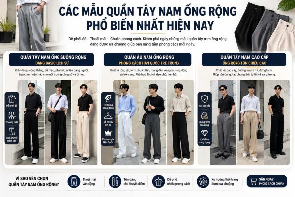 4 Cách Phối Đồ Với Quần Tây Nam Ống Suông Rộng Chuẩn Gu Thời Trang Hiện Đại 2 Các mẫu quần tây nam ống rộng gồm dáng basic lịch sự, phong cách Hàn Quốc trẻ trung và quần tây cạp cao ống rộng tôn chiều cao cho nam.