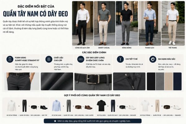 Đặc điểm nổi bật của quần tây nam có dây đeo với form slimfit, chất liệu cao cấp, chi tiết tinh tế và các cách phối đồ lịch lãm.