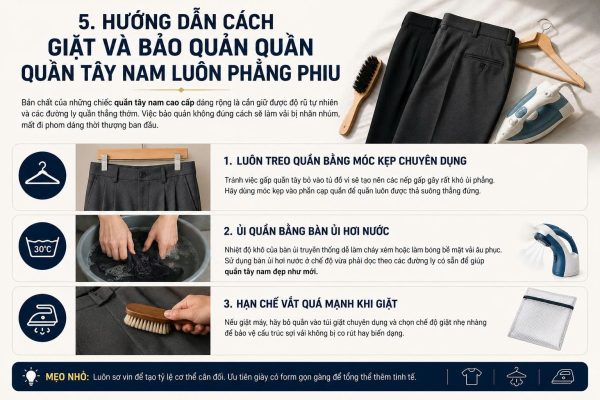 4 Cách Phối Đồ Với Quần Tây Nam Ống Suông Rộng Chuẩn Gu Thời Trang Hiện Đại 4 Infographic hướng dẫn cách giặt và bảo quản quần tây nam đúng cách bằng móc kẹp chuyên dụng, bàn ủi hơi nước và chế độ giặt nhẹ giúp quần luôn phẳng phiu, giữ form đẹp.