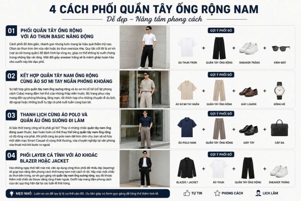 4 Cách Phối Đồ Với Quần Tây Nam Ống Suông Rộng Chuẩn Gu Thời Trang Hiện Đại 3 Hướng dẫn 4 cách phối quần tây ống rộng nam với áo thun basic, áo sơ mi tay ngắn, áo polo và blazer giúp nam giới mặc đẹp và thời trang hơn.