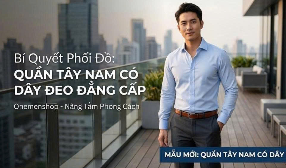 Quần Tây Nam Có Dây Đeo: Lựa Chọn Hoàn Hảo Cho Phong Cách Công Sở Chỉn Chu 2026 3 Mẫu quần tây nam có dây đeo thắt lưng da bò cao cấp phối cùng áo sơ mi xanh thanh lịch tại One Men Shop.