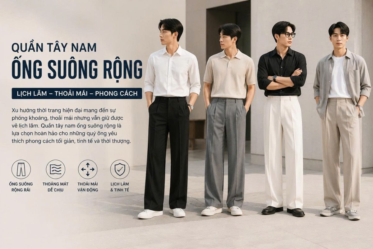 4 Cách Phối Đồ Với Quần Tây Nam Ống Suông Rộng Chuẩn Gu Thời Trang Hiện Đại 5 Hình ảnh quần tây nam ống suông rộng với thiết kế thoải mái, lịch lãm và phù hợp nhiều phong cách thời trang nam hiện đại.