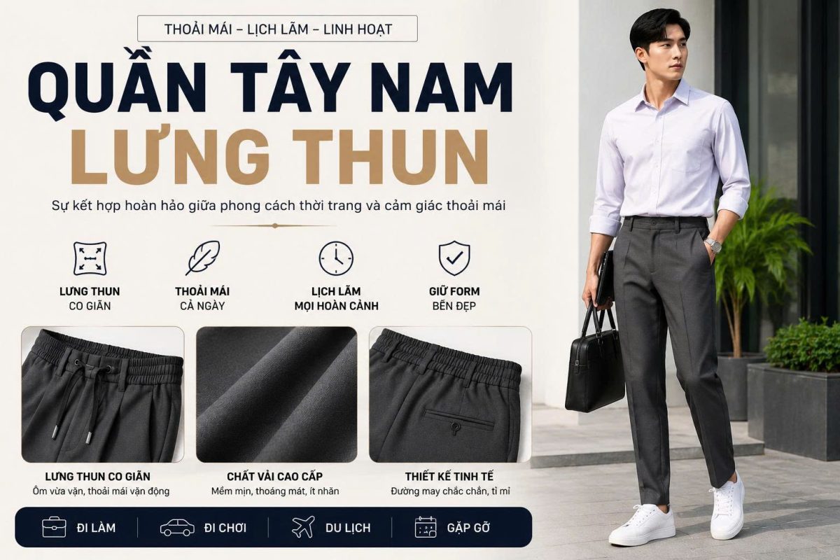 Xu Hướng Quần Tây Nam Lưng Thun Thời Thượng Và Tiện Lợi Cho Phái Mạnh 2026 4 Mẫu quần tây nam lưng thun cao cấp với thiết kế hiện đại, co giãn thoải mái, dễ phối đồ, phù hợp đi làm, đi chơi và gặp gỡ đối tác.